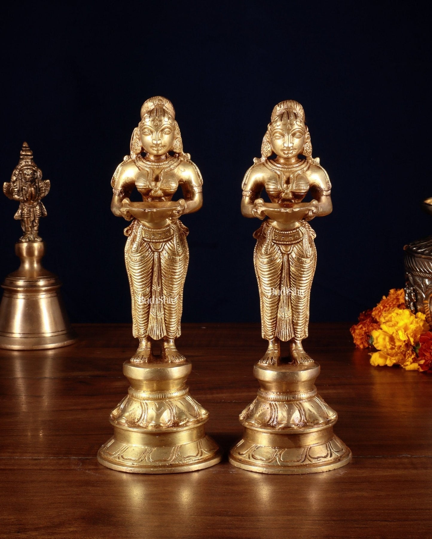Pure Brass Deep Lady Pair (Pavai Vilakku) – 8” - Sama Homes Idol - Brass Sculpture