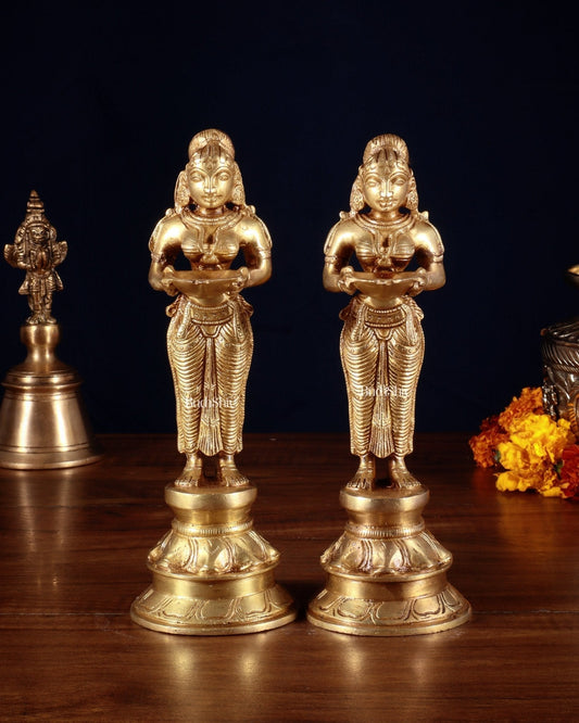 Pure Brass Deep Lady Pair (Pavai Vilakku) – 8” - Sama Homes Idol - Brass Sculpture