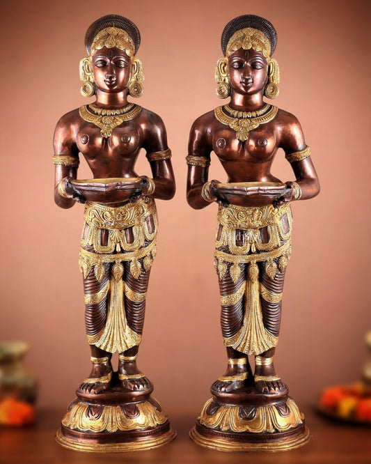 Pure Brass Deep Lady Pavaai Vilakku in dual-tone 32" - Sama Homes Idol - Brass Sculpture