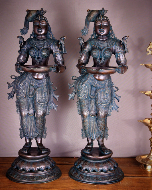 Pure Brass Deep Lady Vilakku Pair with Vintage Green Bronze Tone – 36" Traditional Lamps - Sama Homes Idol - Brass Sculpture