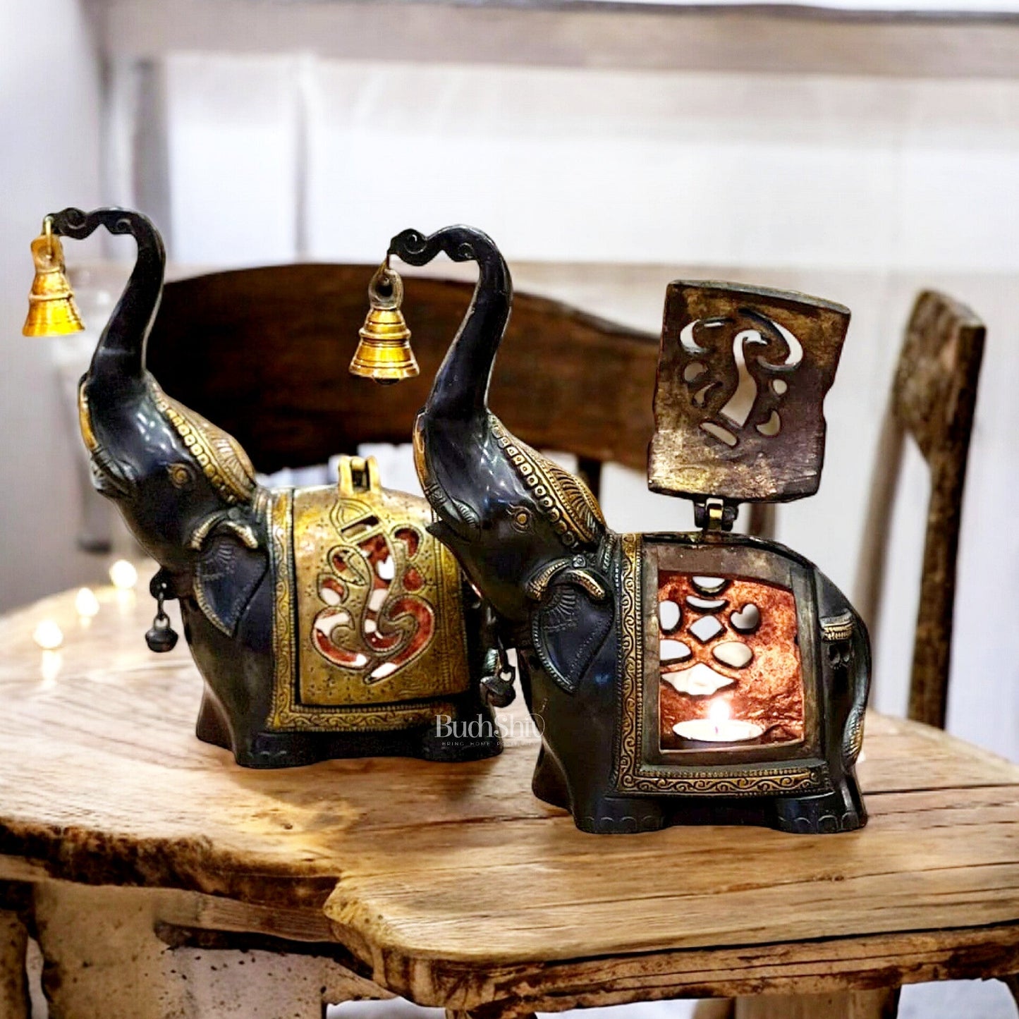 Pure Brass Elephant T light candle holder pair brass lamps 10.5" black finish - Sama Homes Idol - Brass Sculpture