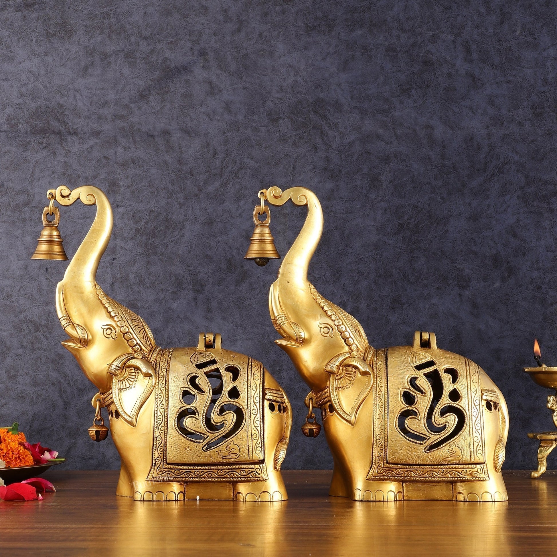 Pure Brass Elephant T light candle holder pair brass lamps 10.5" - Sama Homes Idol - Brass Sculpture - Eco-friendly - Sama Homes