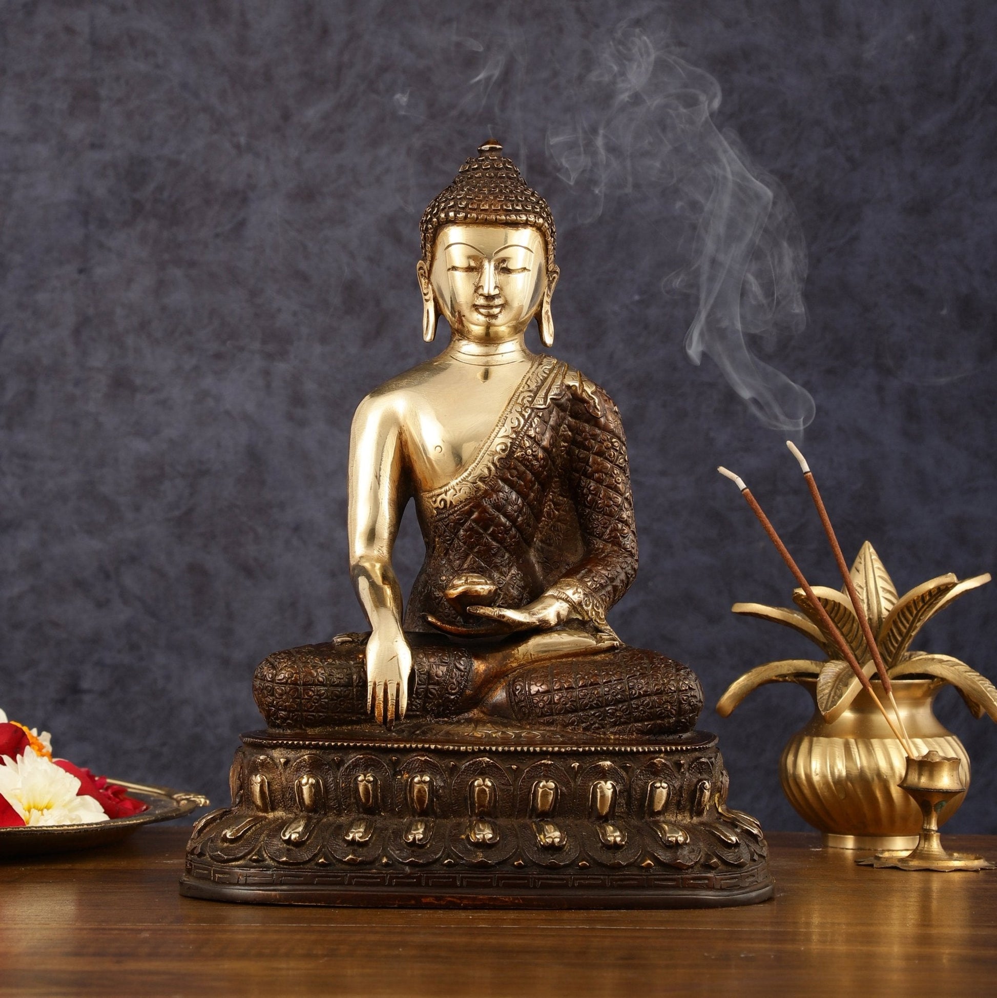 Pure Brass Engraved Buddha Statue in Bhumi Nirvana Mudra - 10.5" Height - Sama Homes Idol - Brass Sculpture - Eco-friendly - Sama Homes