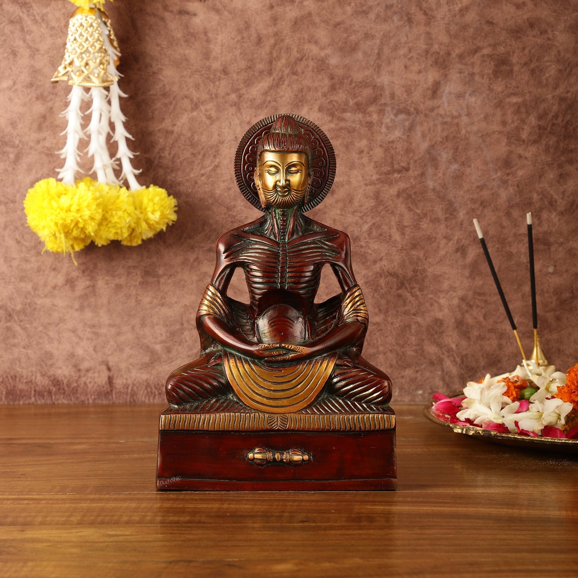 Pure Brass Fasting/Hungry Buddha in Meditation Sculpture - 9" Tall - Sama Homes Idol - Brass Sculpture - Eco-friendly - Sama Homes