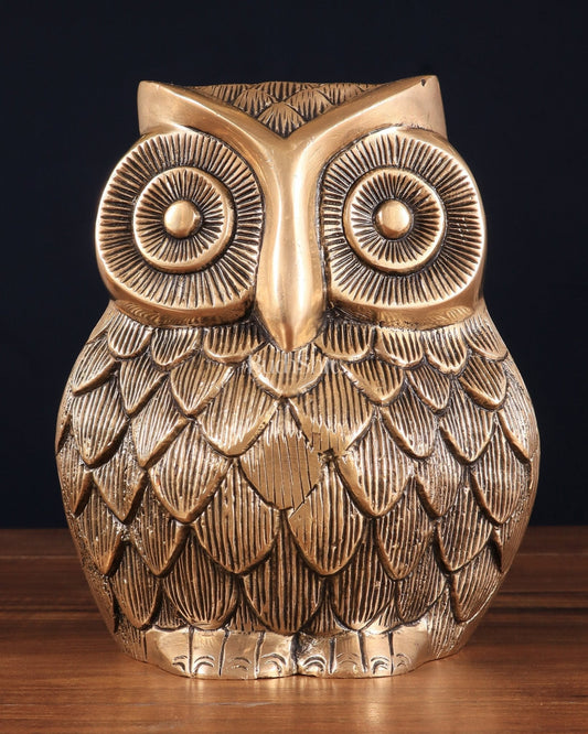 Pure Brass Finely Carved Large Owl Statue – 7" x 6" x 5" | Feng Shui & Vastu Approved - Sama Homes Idol - Brass Sculpture