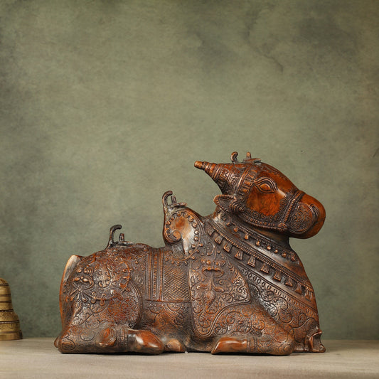 Pure Brass Fully Carved Nandi Statue - 8" - Sama Homes Idol - Brass Sculpture