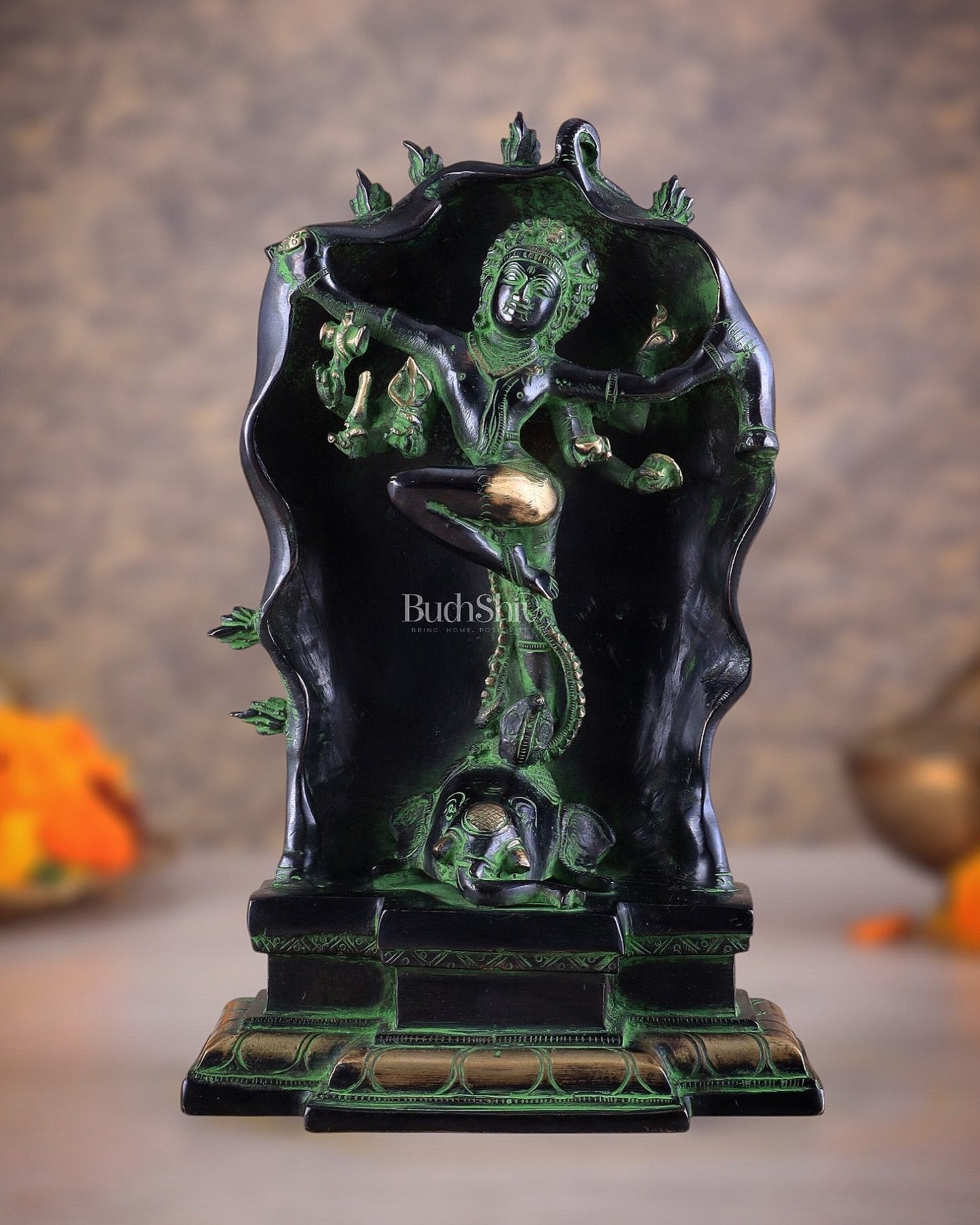 Pure Brass Gajasurasamhara Shiva Idol dancing shiva 
Black and Green Finish - Sama Homes Idol - Brass Sculpture