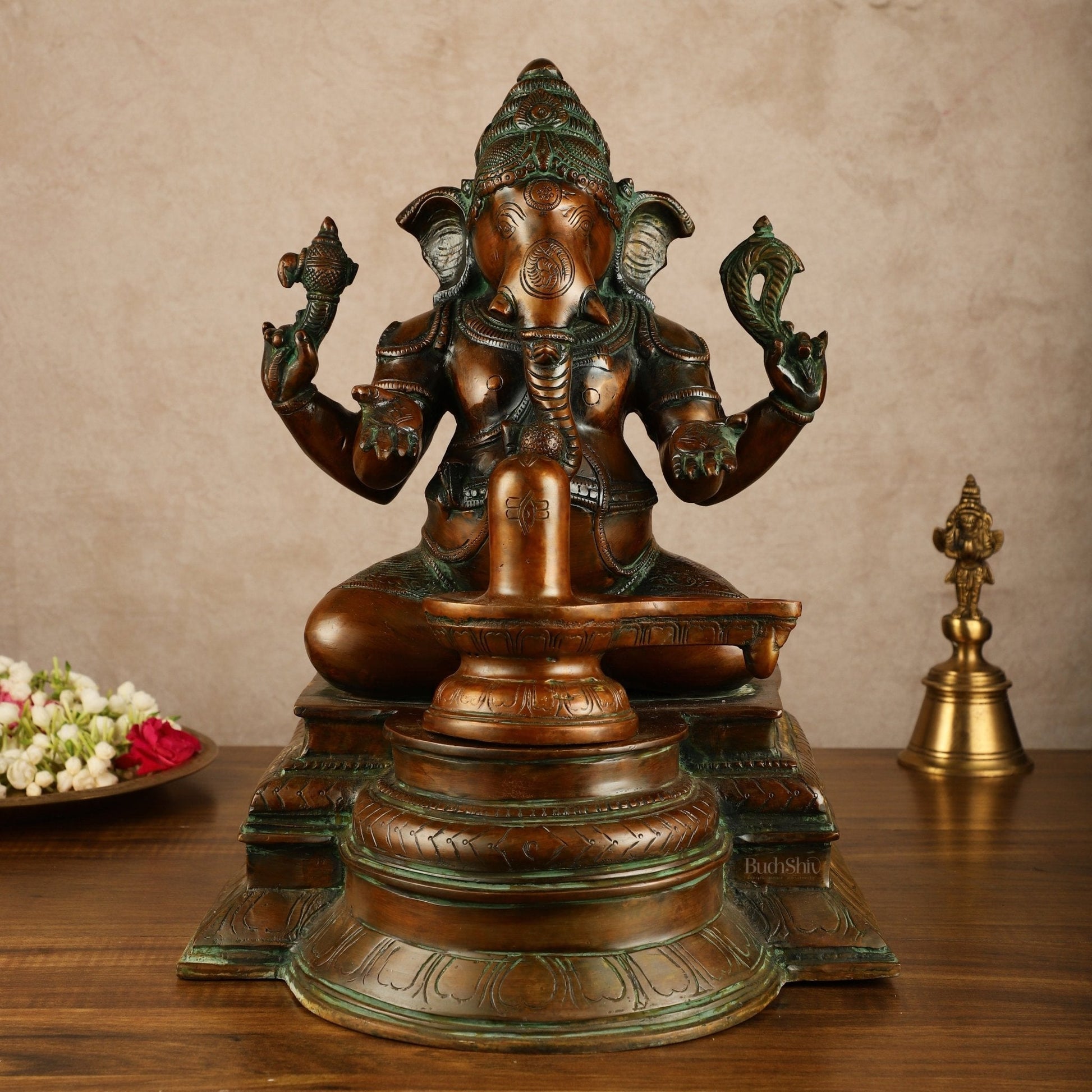 Pure Brass Ganapati with Shiv Ling Statue | Antique Bronze Finish | 14.5 Inch - Sama Homes Idol - Brass Sculpture - Eco-friendly - Sama Homes