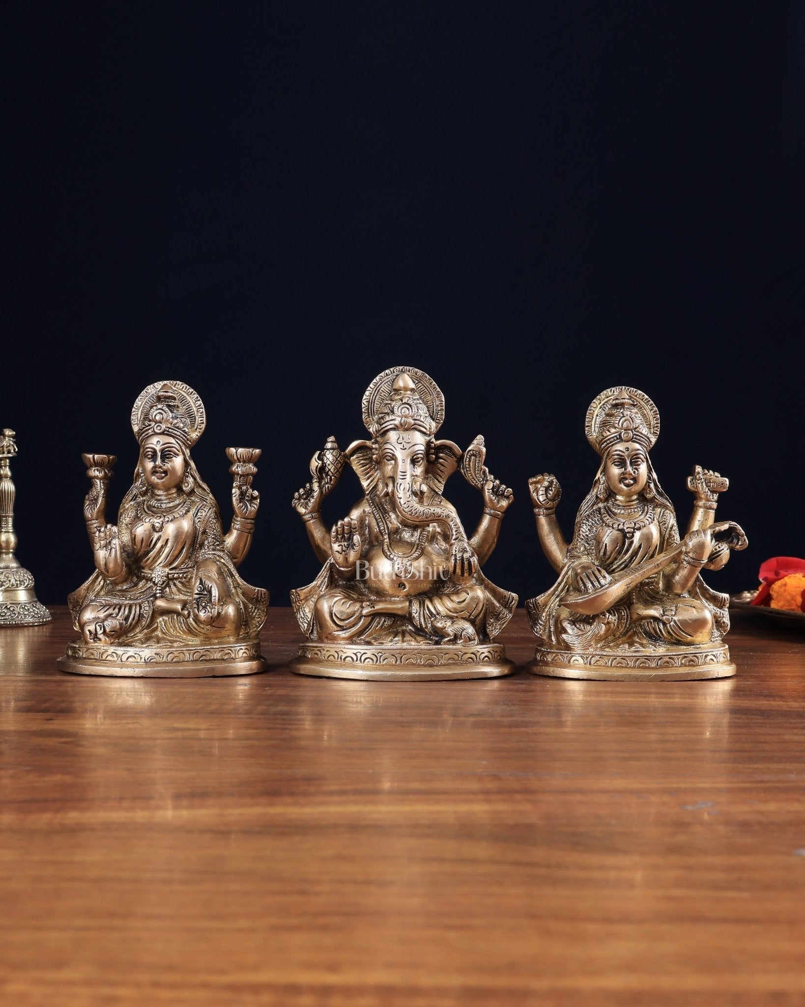 Pure Brass Ganesh, lakshmi and Saraswati idols set 6" - Sama Homes Idol - Brass Sculpture - Eco-friendly - Sama Homes