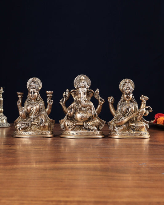 Pure Brass Ganesh, lakshmi and Saraswati idols set 6" - Sama Homes Idol - Brass Sculpture