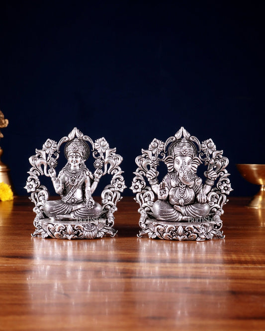 Pure Brass Ganesh Lakshmi Idol - 4 Inch silver plated - Sama Homes Idol - Brass Sculpture