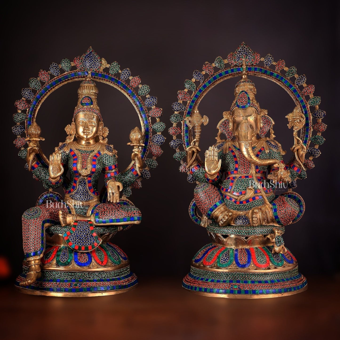 Pure Brass Ganesh Lakshmi Idol Pair with Meenakari Stonework – 27" - Sama Homes Idol - Brass Sculpture