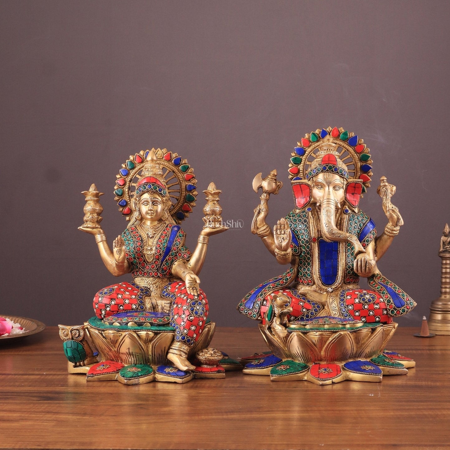 Pure Brass Ganesh Lakshmi idols Pair | 12 Inch meenakari Stonework - Sama Homes Idol - Brass Sculpture