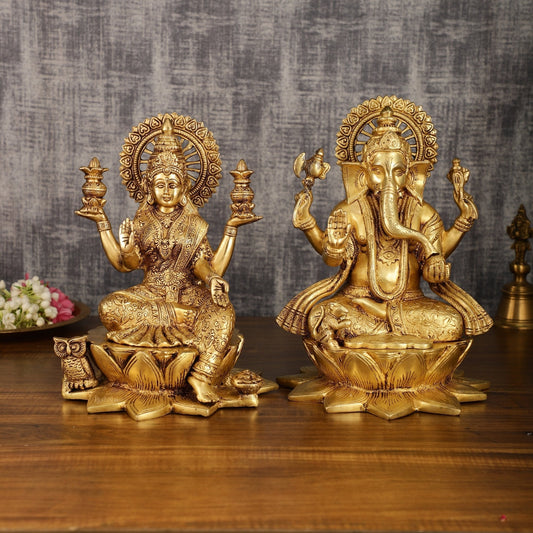 Pure Brass Ganesh Lakshmi Pair | Divine Elegance | 11 Inch Height - Sama Homes Idol - Brass Sculpture