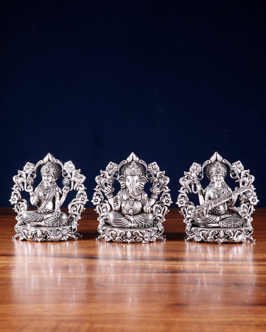 Pure Brass Ganesh Lakshmi Saraswati Idol - 4 Inch silver plated - Sama Homes Idol - Brass Sculpture