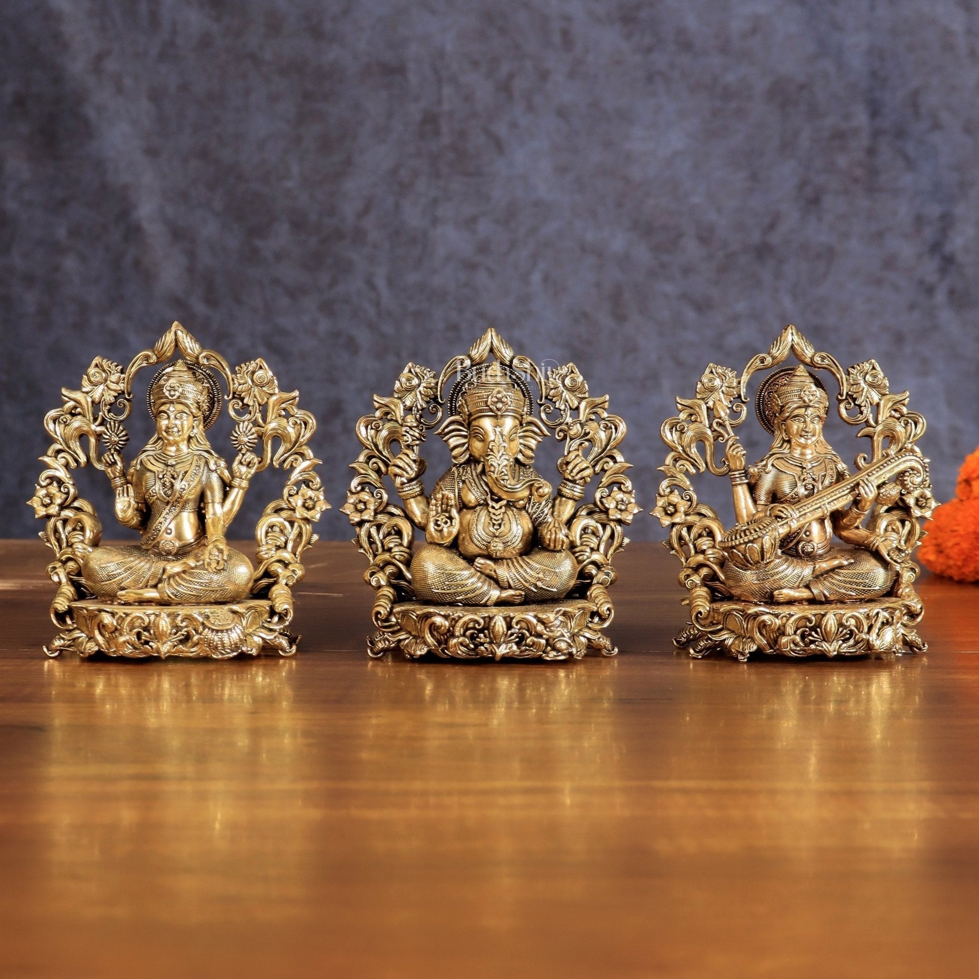 Pure Brass Ganesh Lakshmi Saraswati Idol - 4 Inch - Sama Homes Idol - Brass Sculpture - Eco-friendly - Sama Homes