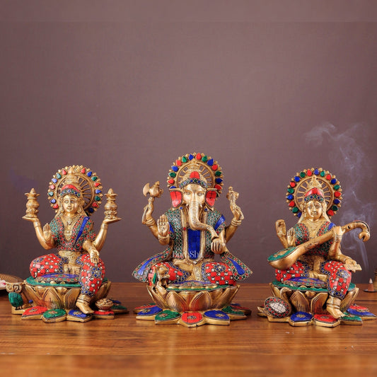 Pure Brass Ganesh Lakshmi Saraswati idols Set - 12" meenakari idols - Sama Homes Idol - Brass Sculpture