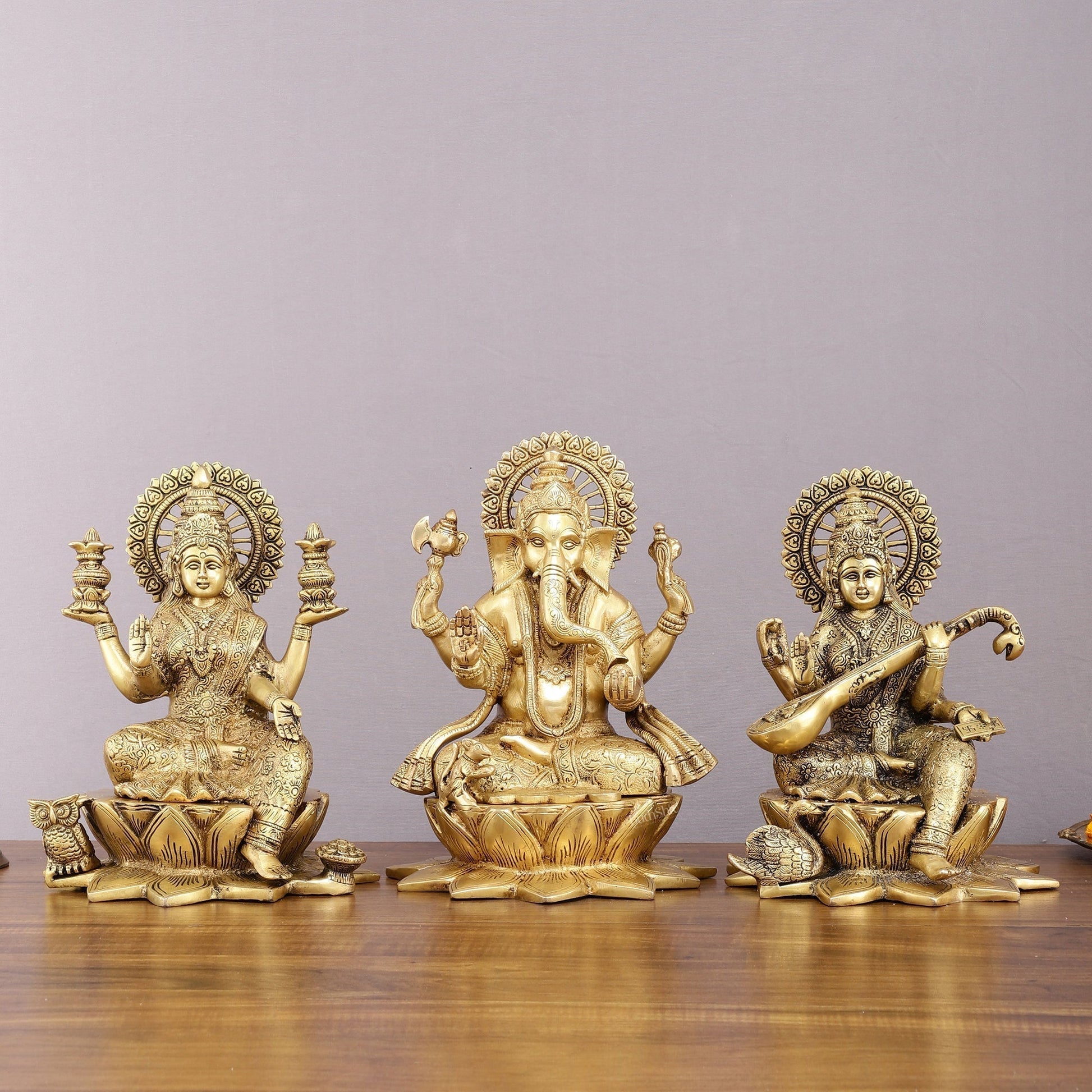 Pure Brass Ganesh Lakshmi Saraswati Set - 11" Divine Trio for Prosperity - Sama Homes Idol - Brass Sculpture - Eco-friendly - Sama Homes
