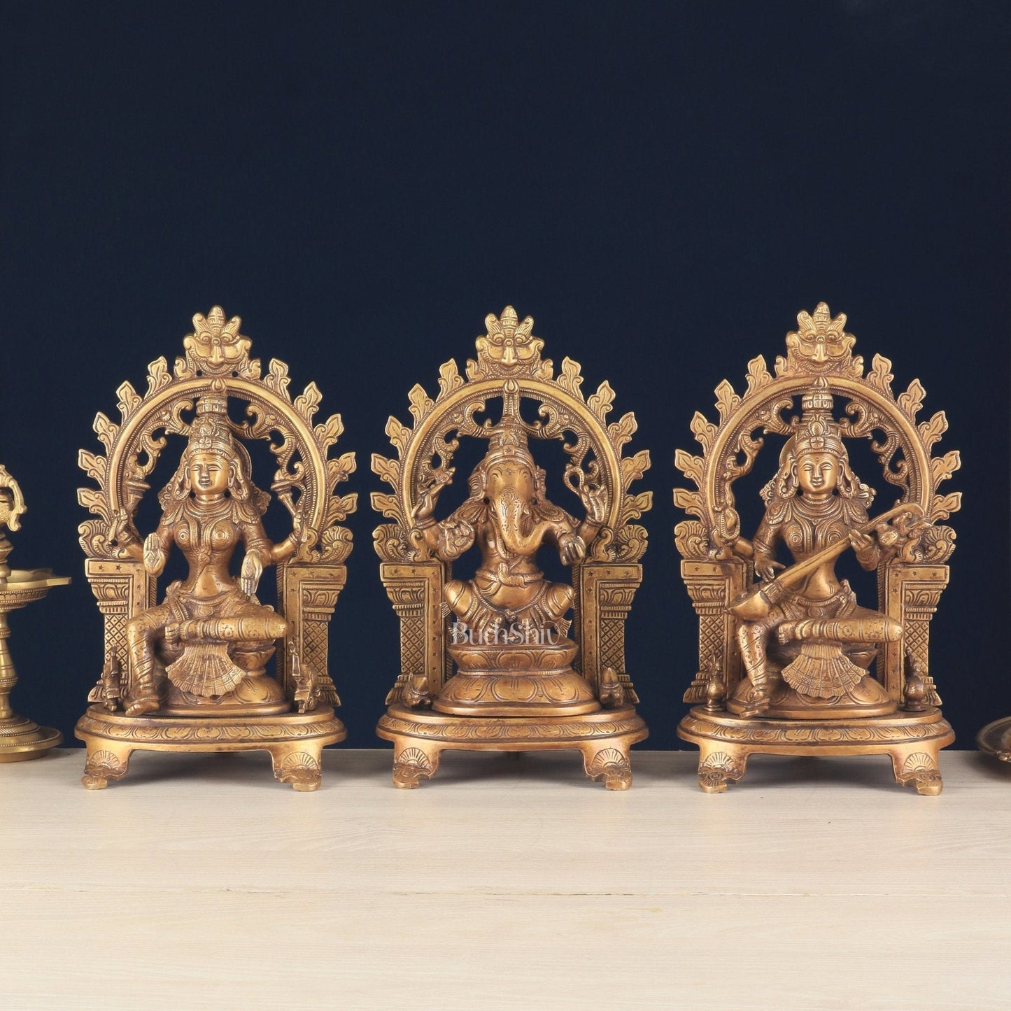 Pure Brass Ganesh, Lakshmi, Saraswati with Prabhavali Idols (burnt brass tone ) 12" - Sama Homes Idol - Brass Sculpture