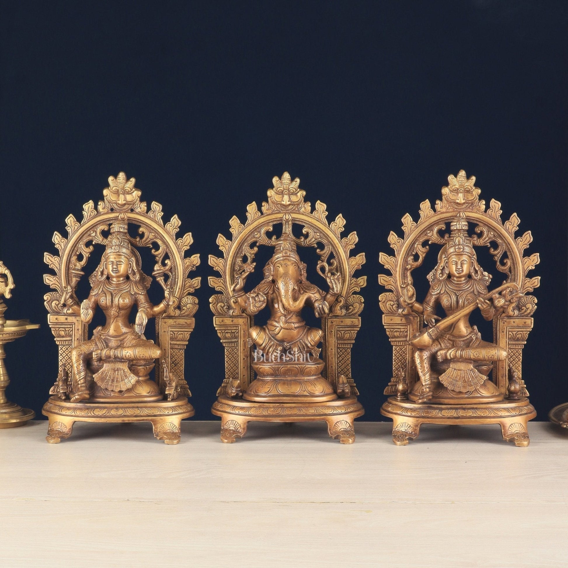 Pure Brass Ganesh, Lakshmi, Saraswati with Prabhavali Idols (burnt brass tone ) 12" - Sama Homes Idol - Brass Sculpture - Eco-friendly - Sama Homes