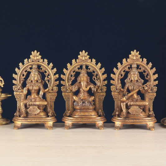 Pure Brass Ganesh, Lakshmi, Saraswati with Prabhavali Idols (burnt brass tone ) 12" - Sama Homes Idol - Brass Sculpture