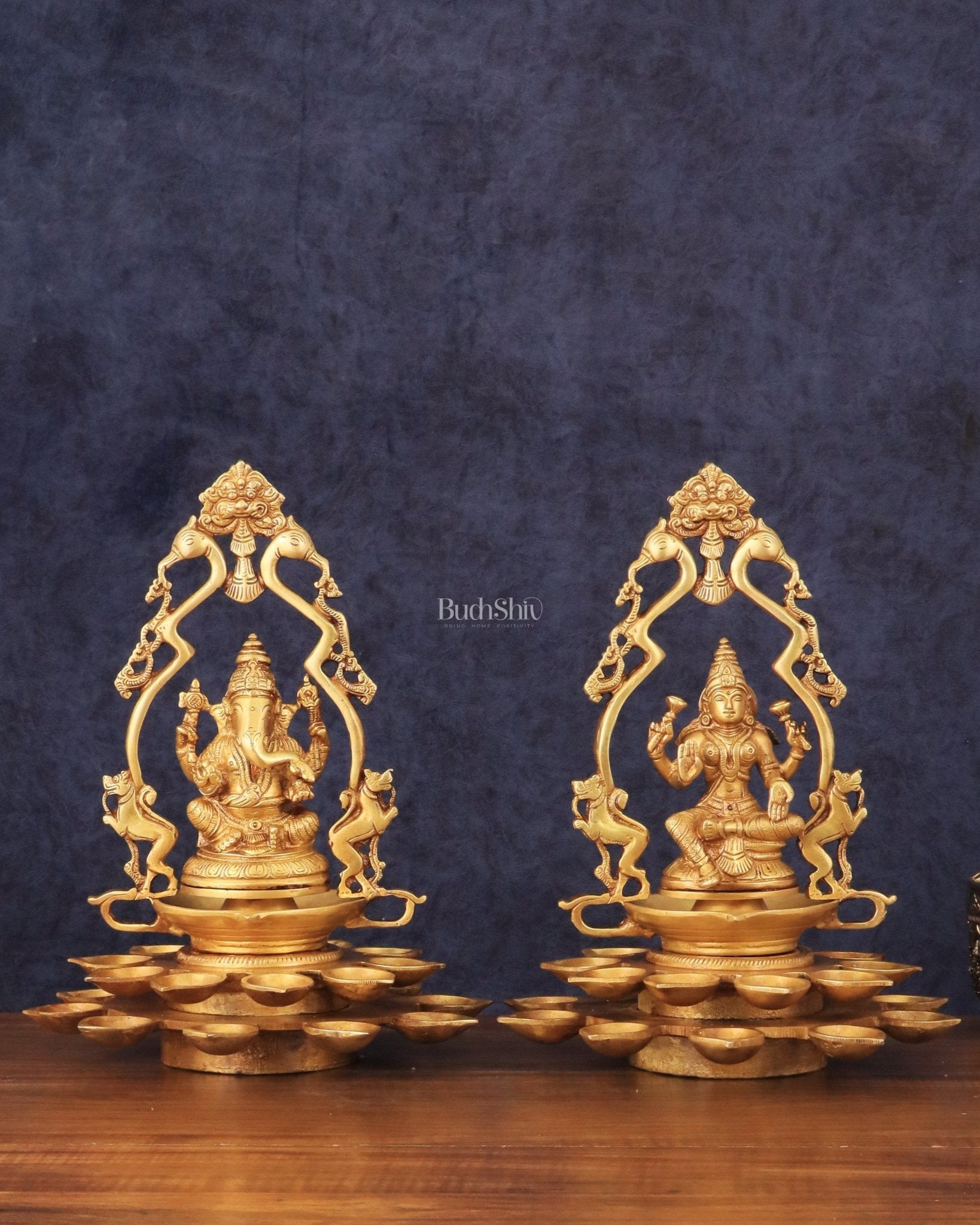 Pure Brass Ganesha and Goddess Lakshmi Statues with Diyas and Thiruvarchi Frames - 12" - Sama Homes Idol - Brass Sculpture - Eco-friendly - Sama Homes