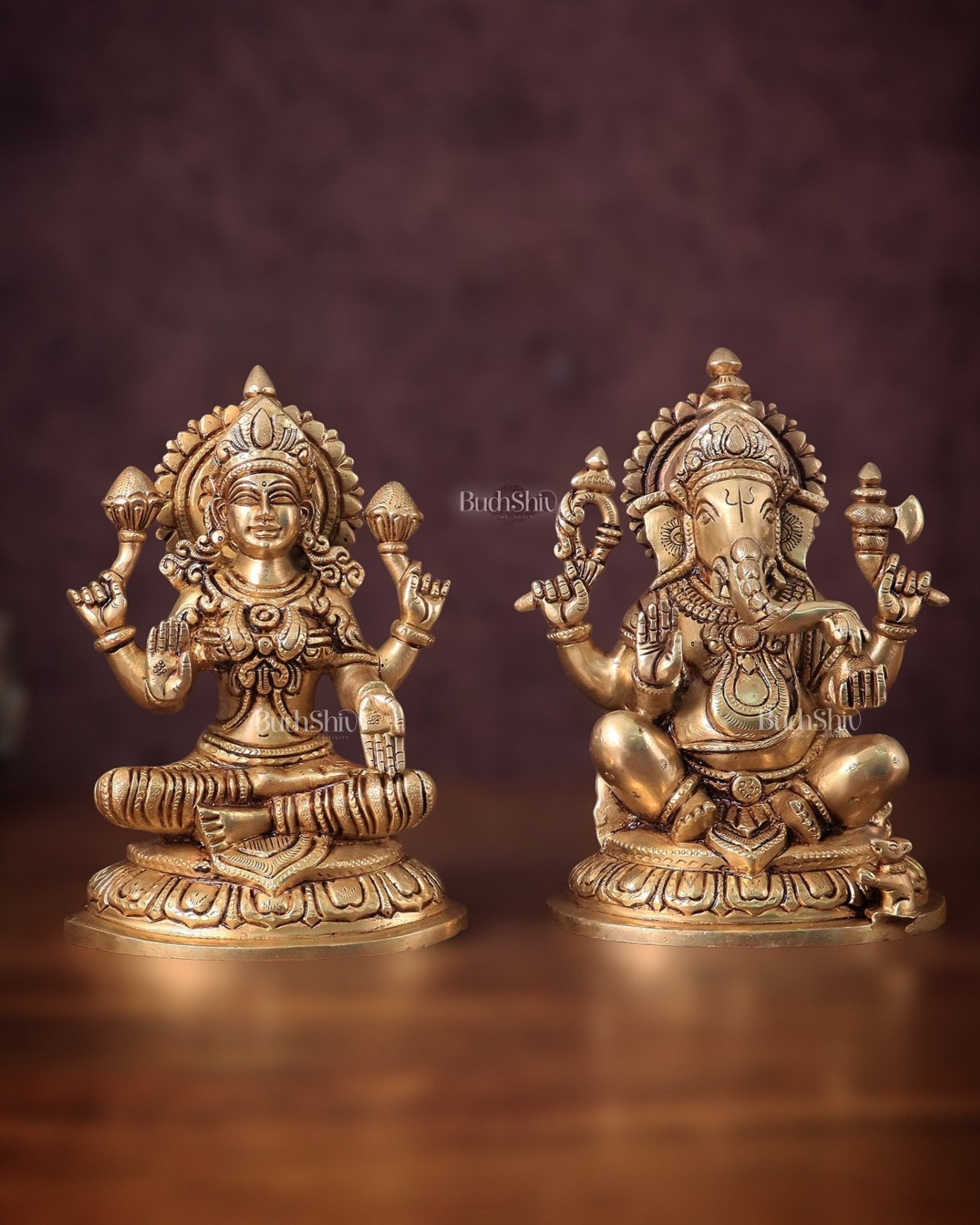 Pure Brass Ganesha and Lakshmi Idols Set - Intricate Detailing, 7.5" - Sama Homes Idol - Brass Sculpture - Eco-friendly - Sama Homes