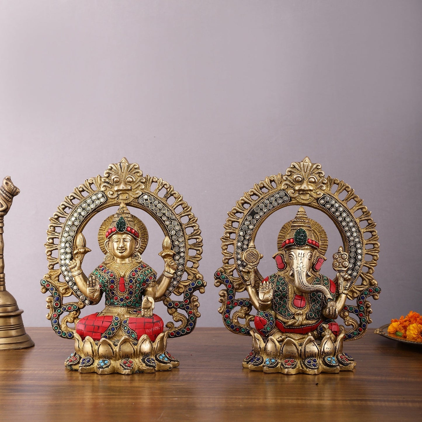 Pure Brass Ganesha and Lakshmi Idols with Meenakari Stonework 9.5" - Sama Homes Idol - Brass Sculpture