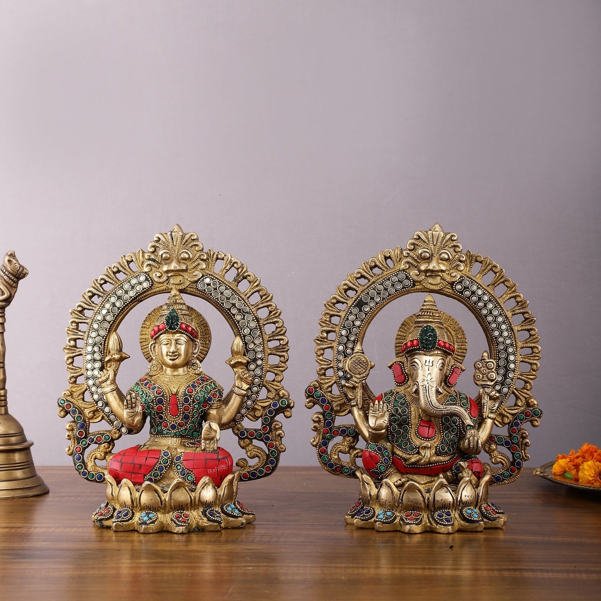 Pure Brass Ganesha and Lakshmi Idols with Meenakari Stonework 9.5" - Sama Homes Idol - Brass Sculpture - Eco-friendly - Sama Homes