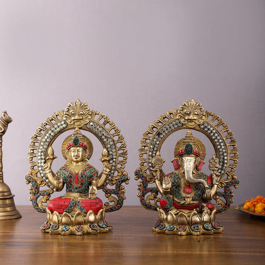 Pure Brass Ganesha and Lakshmi Idols with Meenakari Stonework 9.5" - Sama Homes Idol - Brass Sculpture