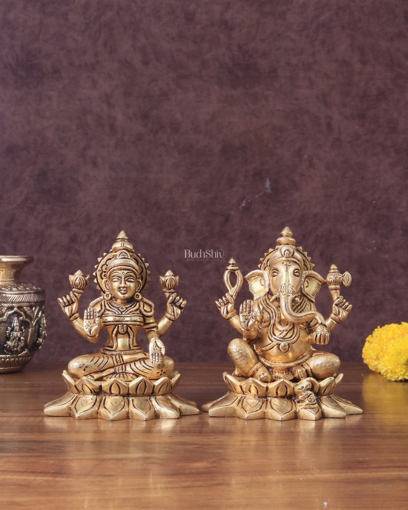 Pure Brass Ganesha and Lakshmi on Lotus Base Idol Set - 5.5" - Sama Homes Idol - Brass Sculpture - Eco-friendly - Sama Homes
