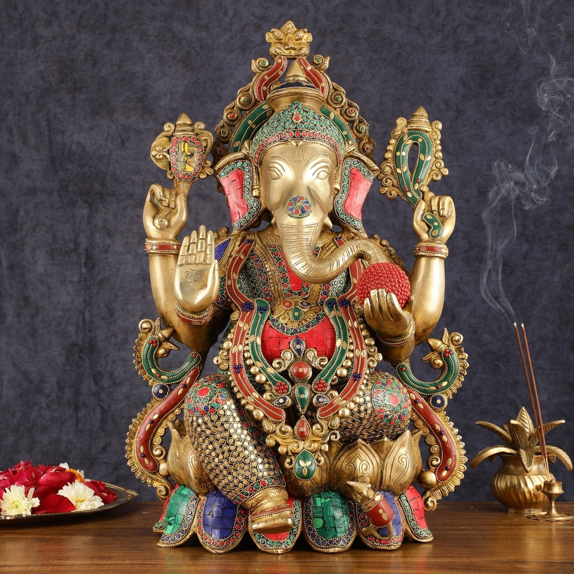 Pure Brass Ganesha Idol on lotus - 21" - Sama Homes Idol - Brass Sculpture - Eco-friendly - Sama Homes
