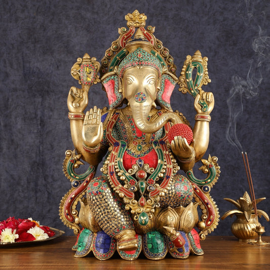 Pure Brass Ganesha Idol on lotus - 21" - Sama Homes Idol - Brass Sculpture