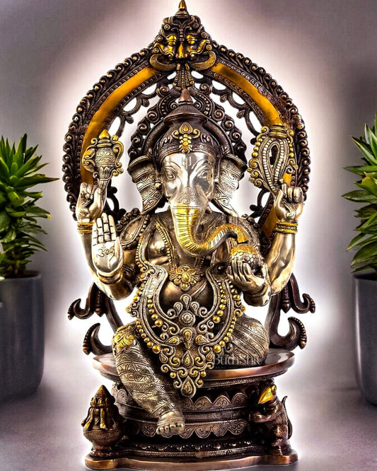 Pure Brass Ganesha Idol | Superfine Three Tone Finish 26" - Sama Homes Idol - Brass Sculpture
