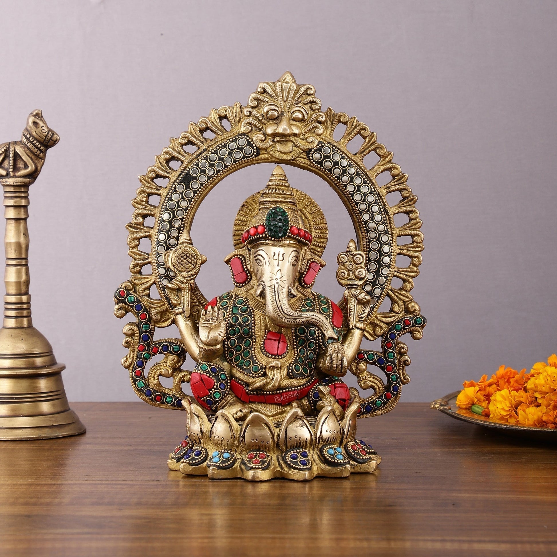 Pure Brass Ganesha Idol with Meenakari Stonework 9.5" - Sama Homes Idol - Brass Sculpture - Eco-friendly - Sama Homes