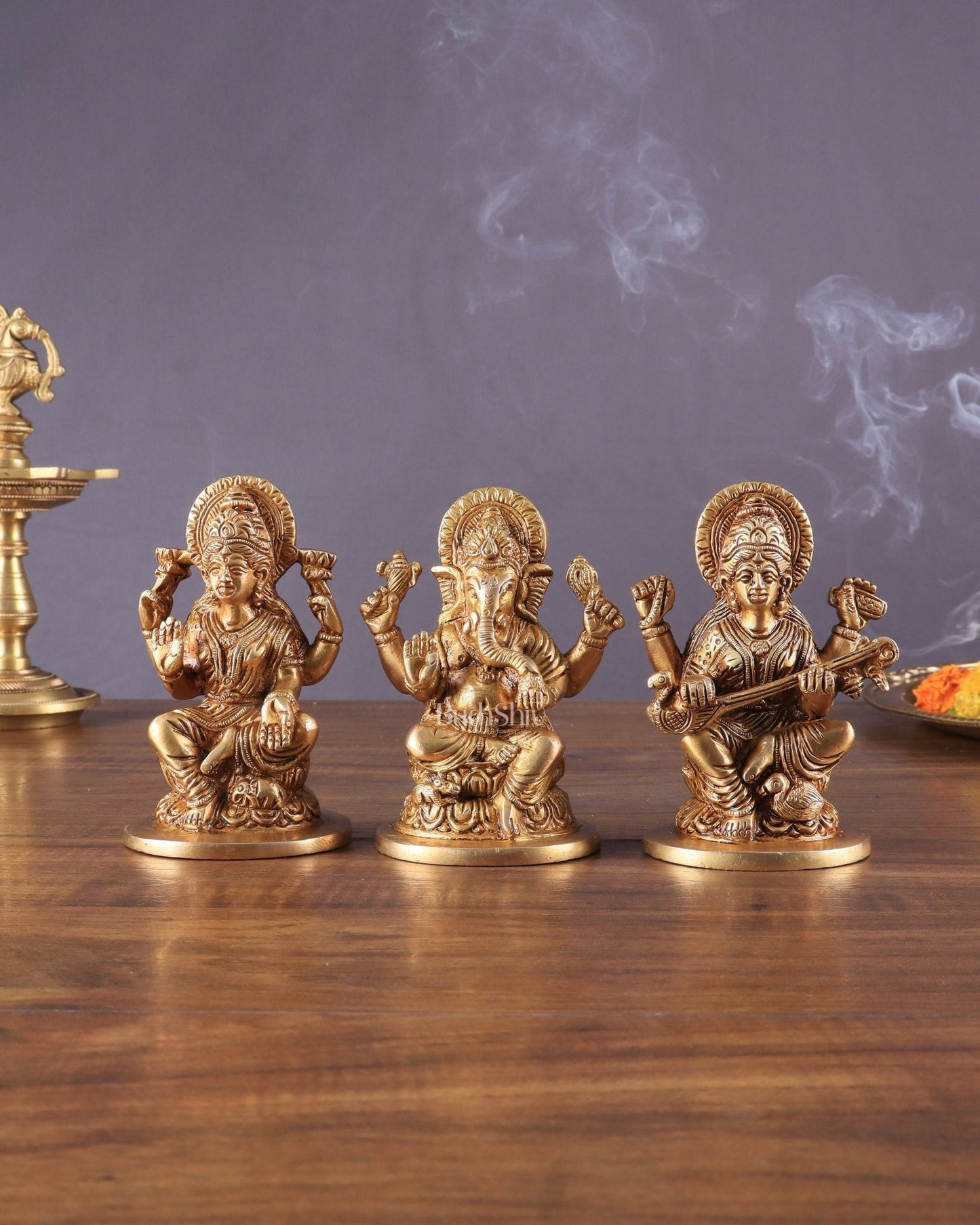 Pure Brass Ganesha, Lakshmi, and Saraswati Idols – 4.5" Handcrafted Set - Sama Homes Idol - Brass Sculpture