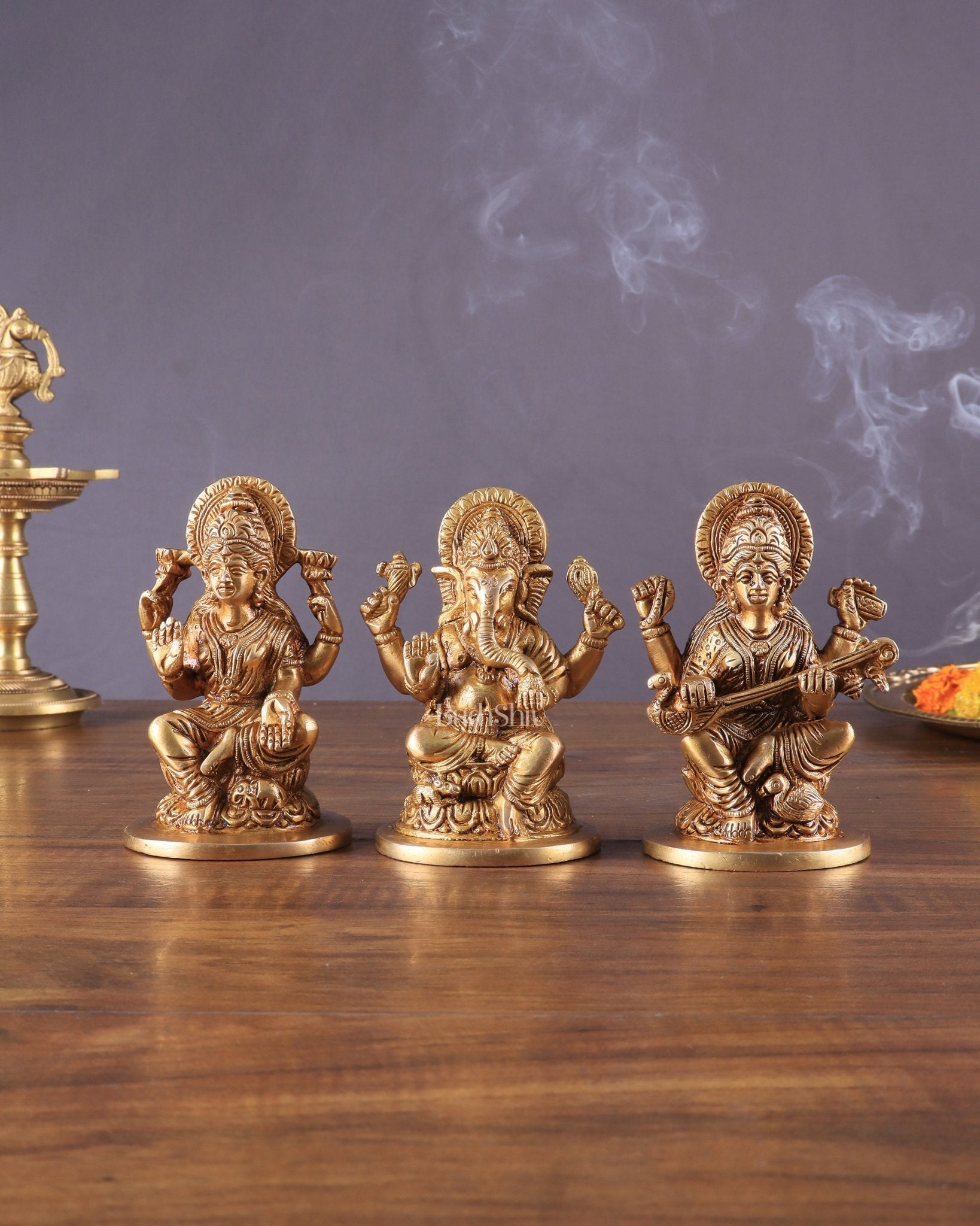 Pure Brass Ganesha, Lakshmi, and Saraswati Idols – 4.5" Handcrafted Set - Sama Homes Idol - Brass Sculpture - Eco-friendly - Sama Homes
