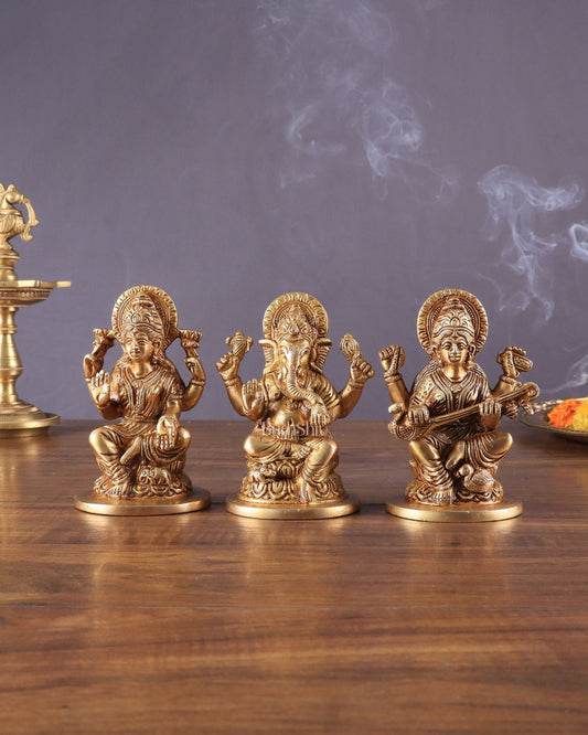 Pure Brass Ganesha, Lakshmi, and Saraswati Idols – 4.5" Handcrafted Set - Sama Homes Idol - Brass Sculpture
