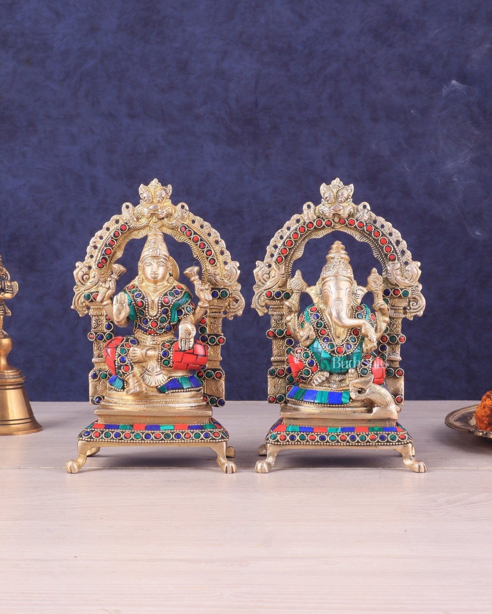 Pure Brass Ganesha Lakshmi Idol Pair | Meenakari Stonework 8" - Sama Homes Idol - Brass Sculpture - Eco-friendly - Sama Homes
