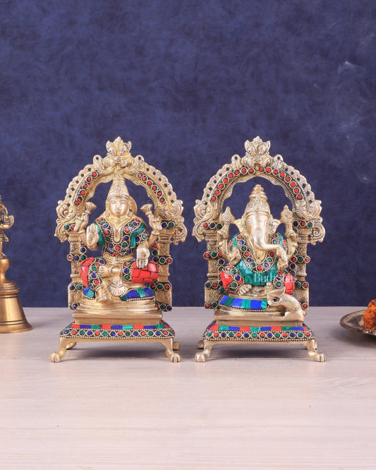 Pure Brass Ganesha Lakshmi Idol Pair | Meenakari Stonework 8" - Sama Homes Idol - Brass Sculpture