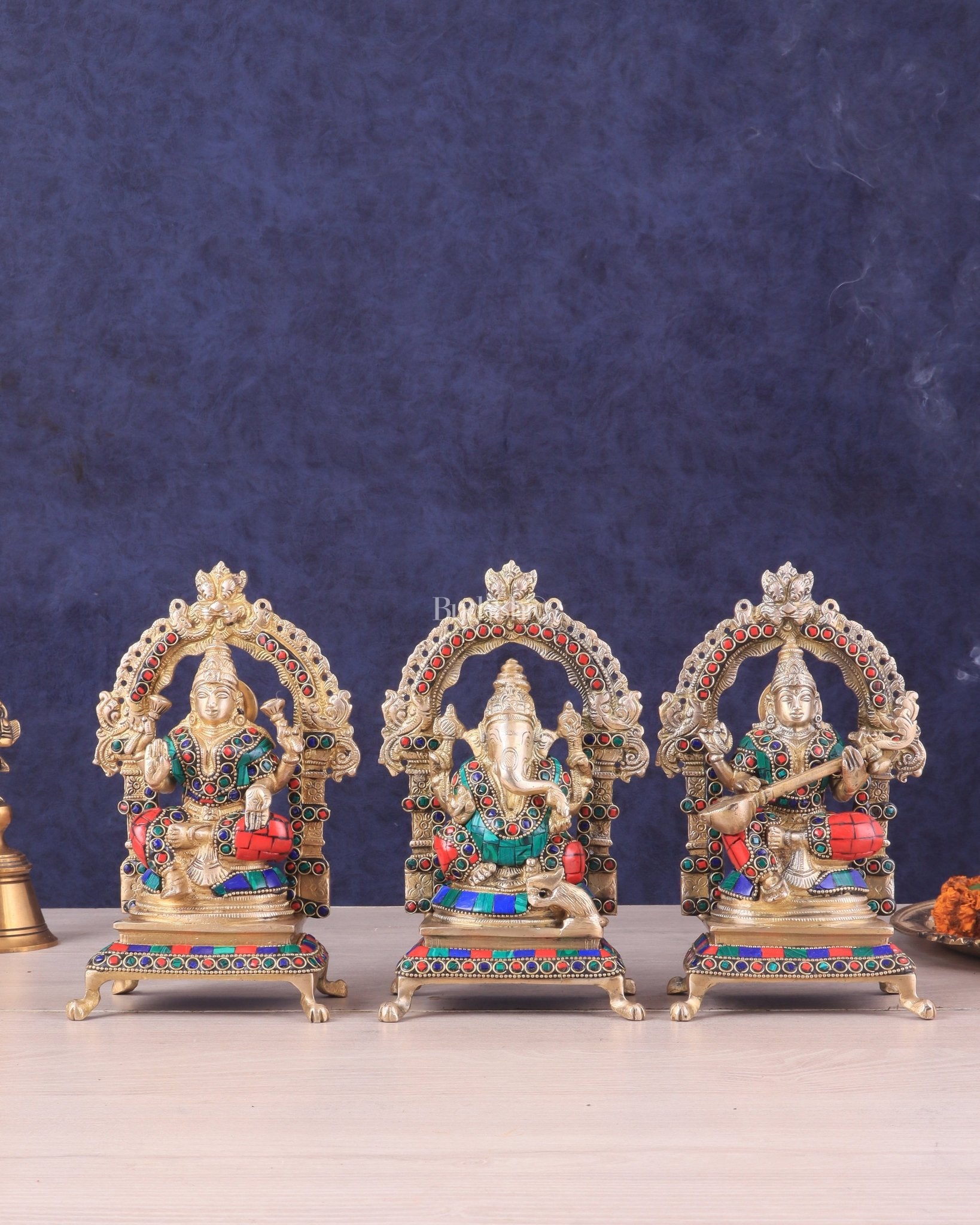 Pure Brass Ganesha, Lakshmi, Saraswati Idol Set | Meenakari Stonework 8" - Sama Homes Idol - Brass Sculpture - Eco-friendly - Sama Homes
