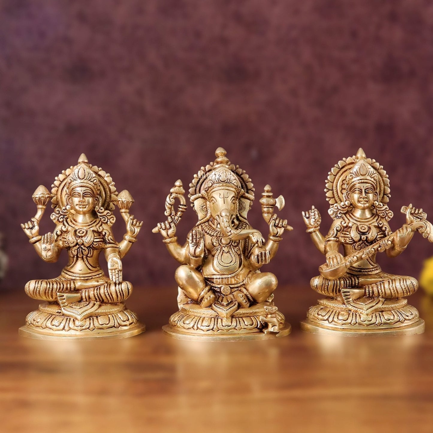 Pure Brass Ganesha, Lakshmi, Saraswati Idols Set of Three - 7.5" - Sama Homes Idol - Brass Sculpture