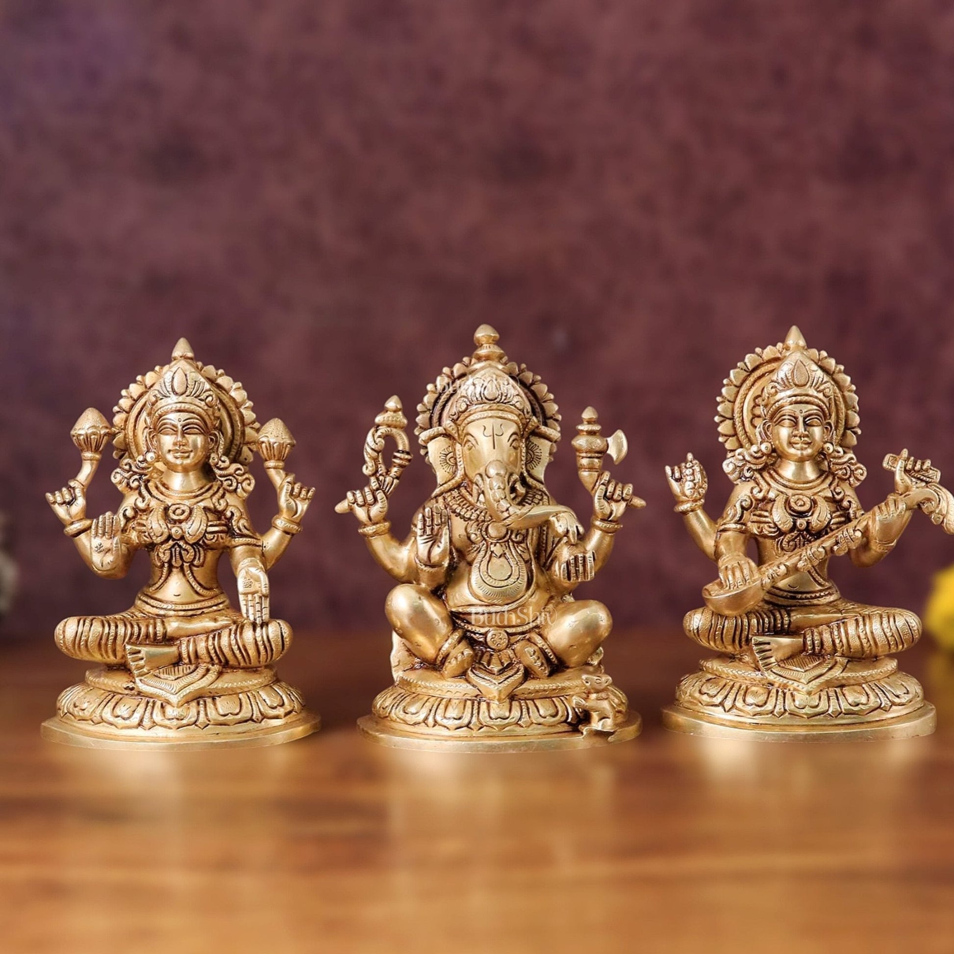 Pure Brass Ganesha, Lakshmi, Saraswati Idols Set of Three - 7.5" - Sama Homes Idol - Brass Sculpture - Eco-friendly - Sama Homes