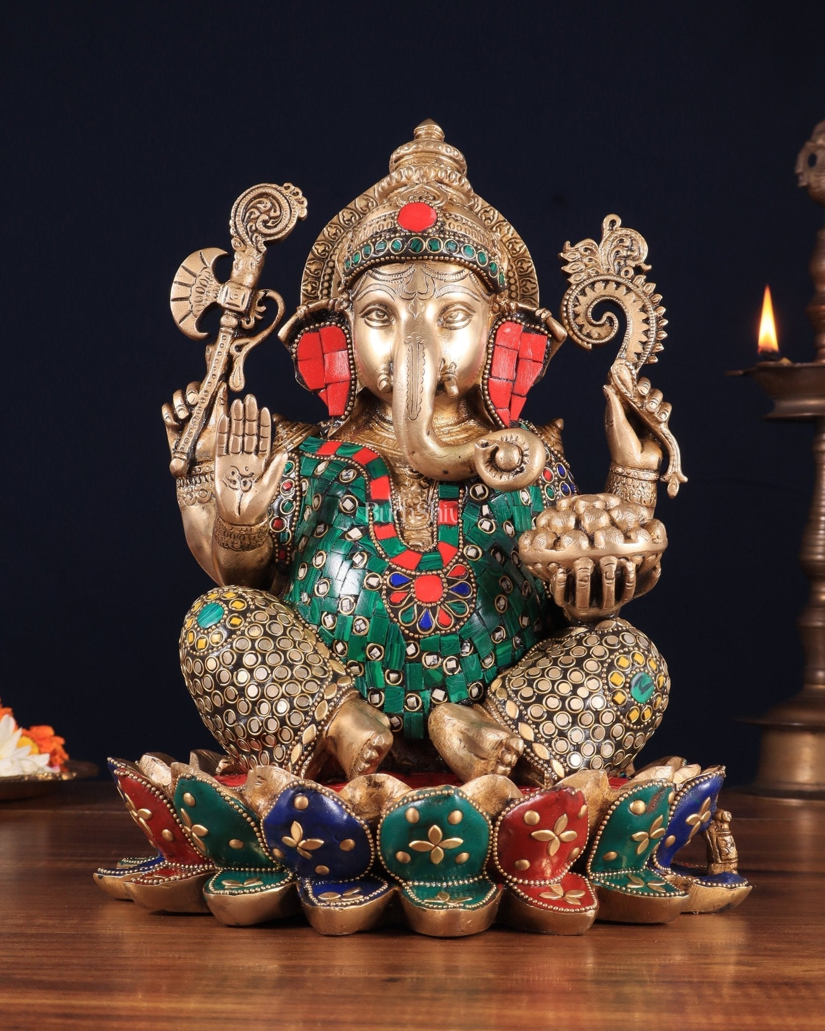 Pure Brass Ganesha on Lotus Idol 11 inch stonework - Sama Homes Idol - Brass Sculpture - Eco-friendly - Sama Homes