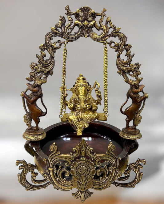 Pure Brass Ganesha on Swing Urli - 21 inch - Sama Homes Idol - Brass Sculpture