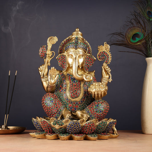 Pure Brass Ganesha Seated on Lotus Idol 11 inch - Sama Homes Idol - Brass Sculpture