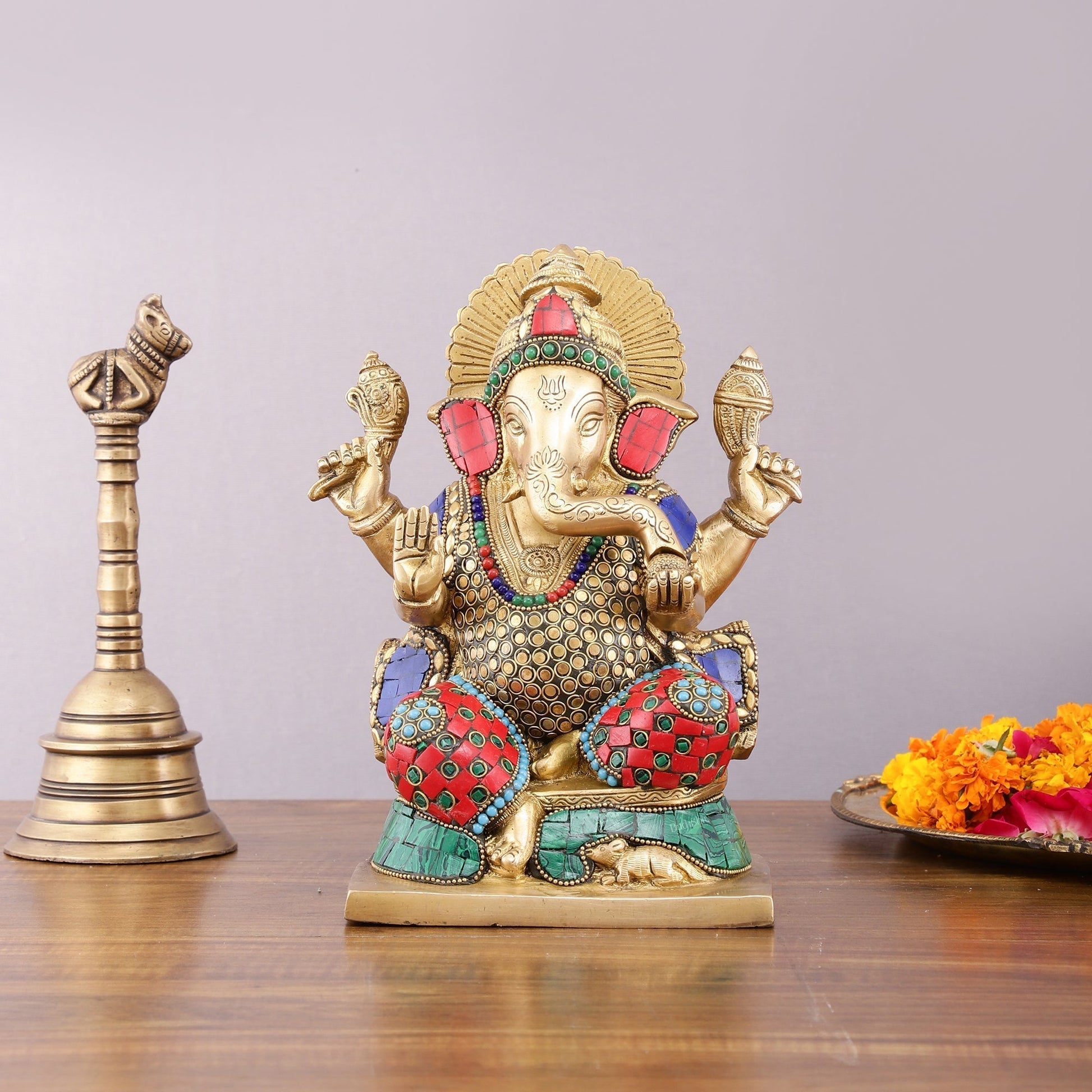 Pure Brass Ganesha Statue with Meenakari – 10 inch - Sama Homes Idol - Brass Sculpture - Eco-friendly - Sama Homes
