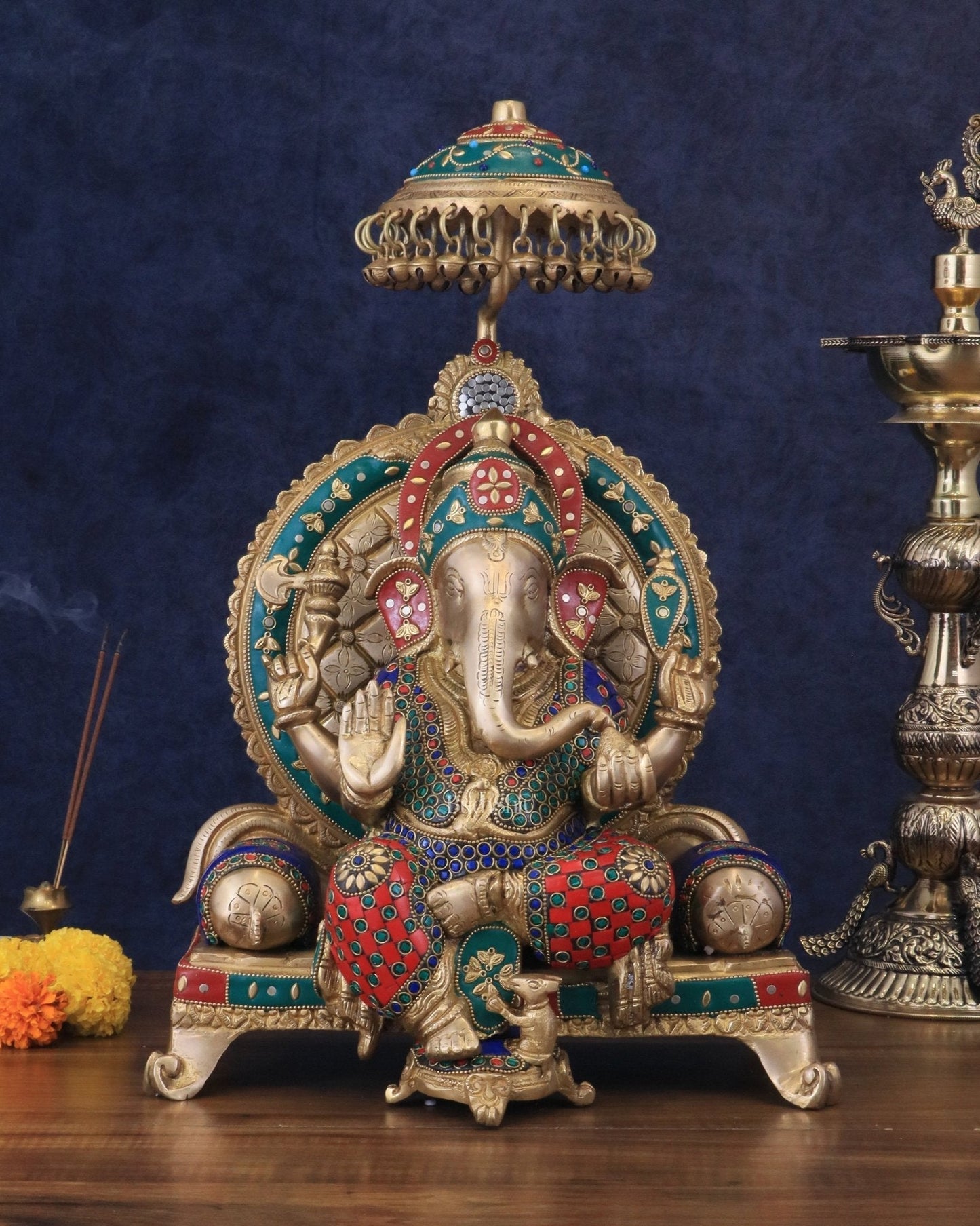 Pure Brass Ganesha Statue with meenakari – 18 Inches Tall - Sama Homes Idol - Brass Sculpture