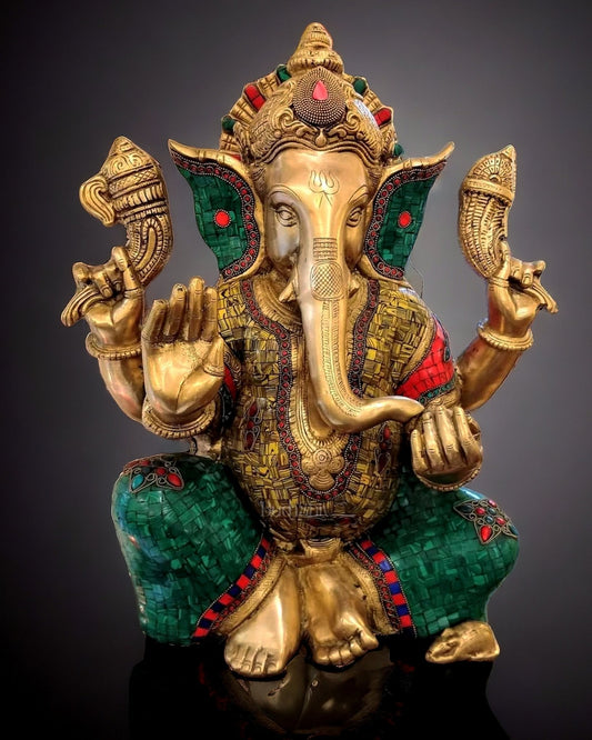 Pure Brass Ganesha Statue with Meenakari Stonework 20 inch - Sama Homes Idol - Brass Sculpture