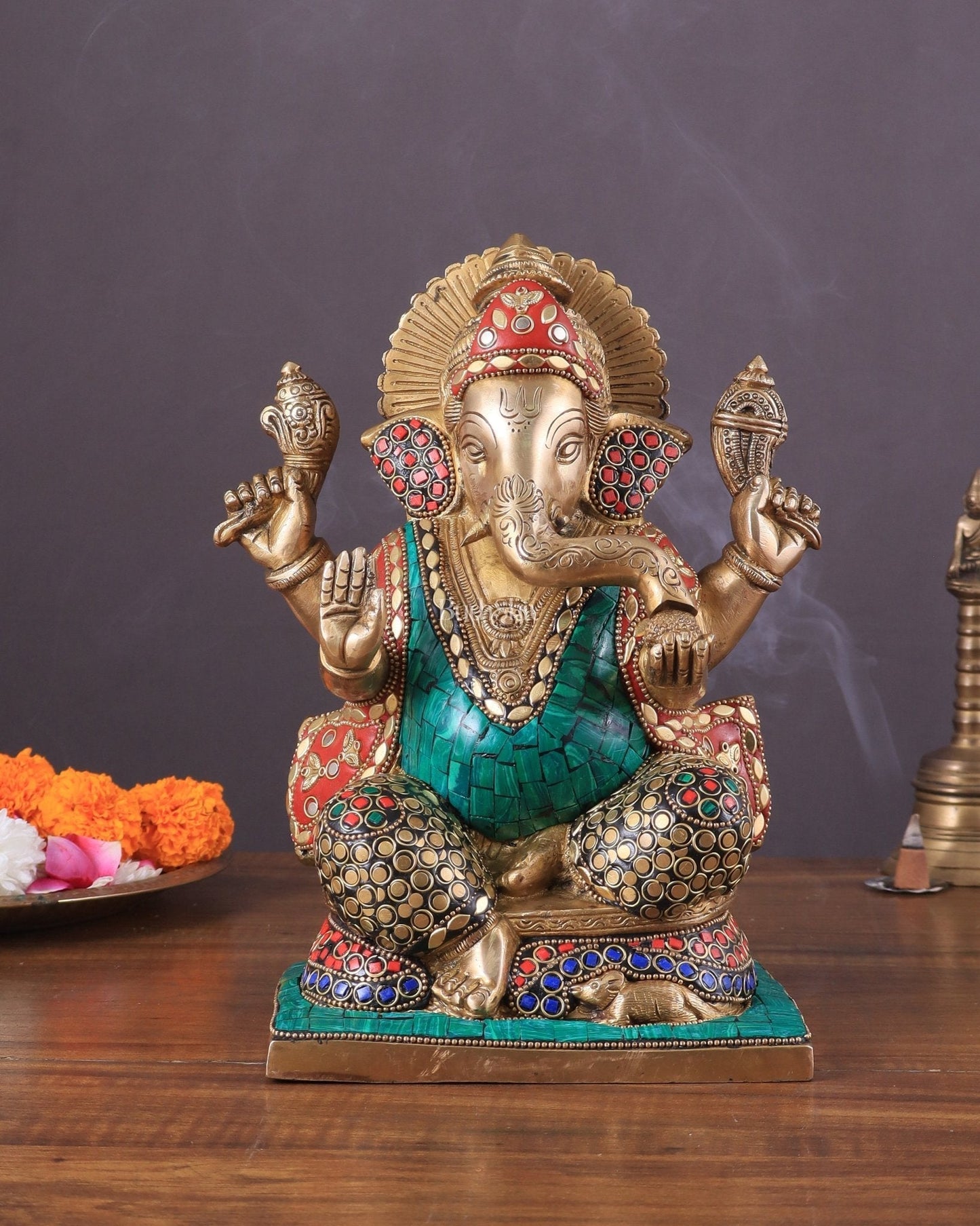 Pure Brass Ganesha Statue with Meenakari Work 10" - Sama Homes Idol - Brass Sculpture